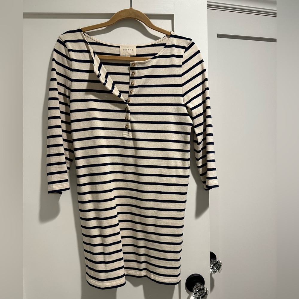 Sezane Tyra Dress in Cream/Navy